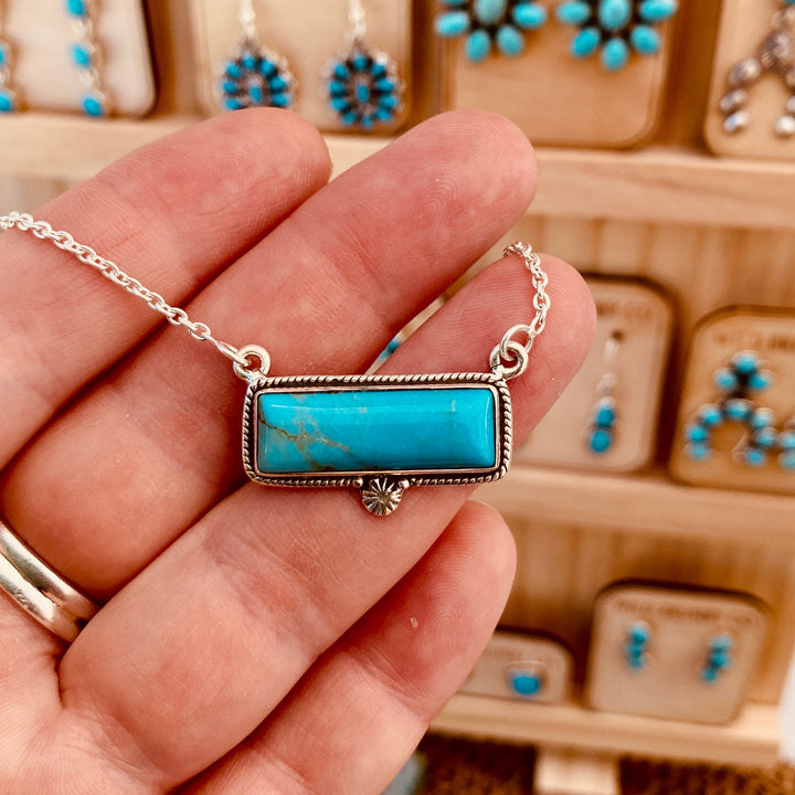 Mountain Stream Bar Necklace - Kingman Turquoise &amp; 925 Sterling Silver